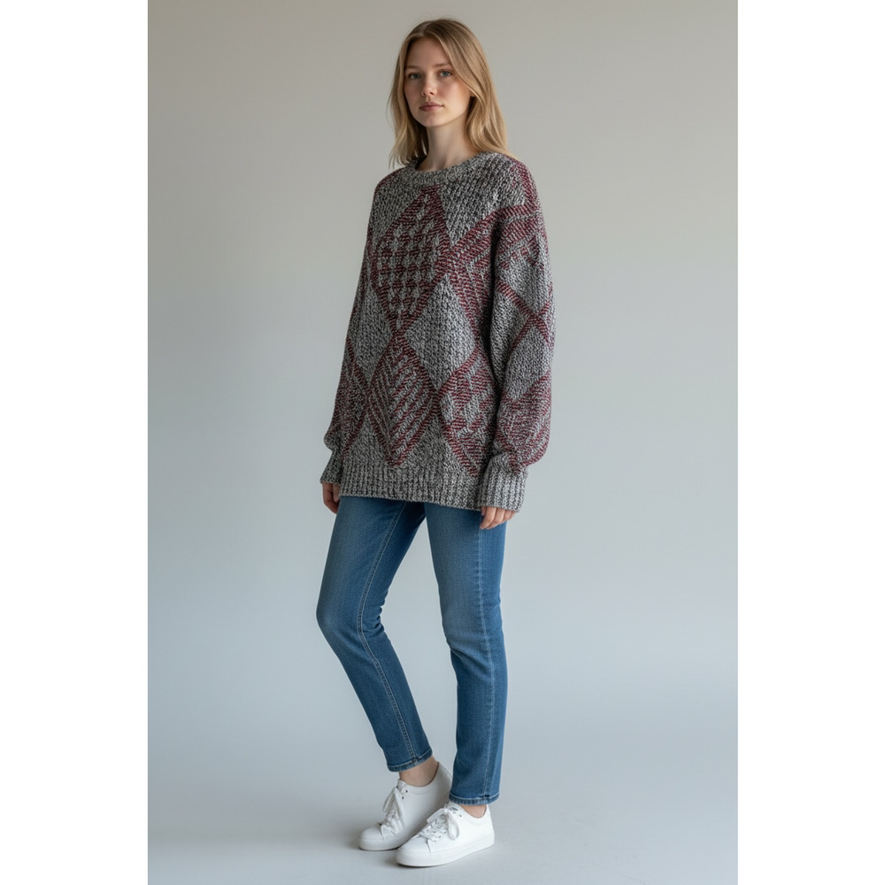 Vintage Boat House Row Sweater Large Cable Chunky Knit Red Blue Diamond Print